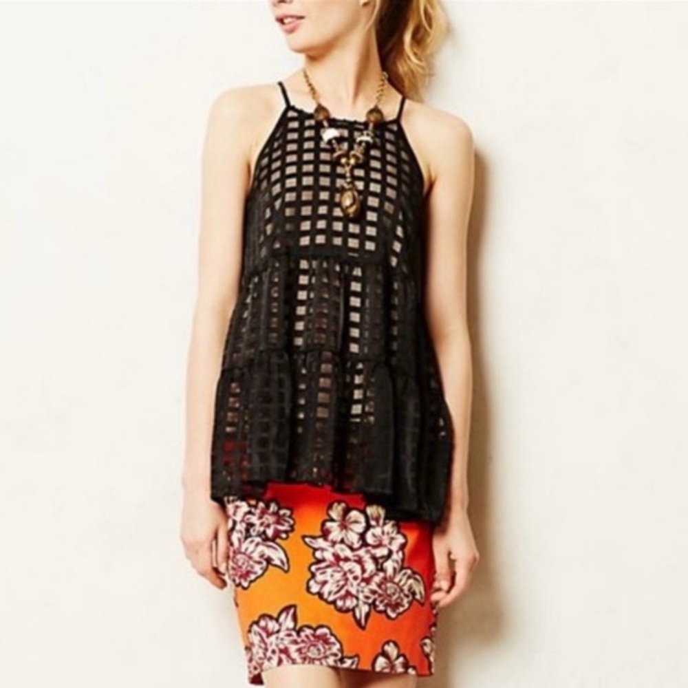 Anthropologie HD in Paris Black Sheer Squares Nude Lined Bead Tiered Tank Top M